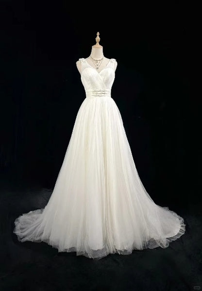 Elegant V Neck White A-line Prom Dress Tulle Backless Evening Dress MD099