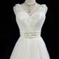 Elegant V Neck White A-line Prom Dress Tulle Backless Evening Dress MD099