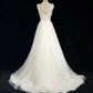 Elegant V Neck White A-line Prom Dress Tulle Backless Evening Dress MD099