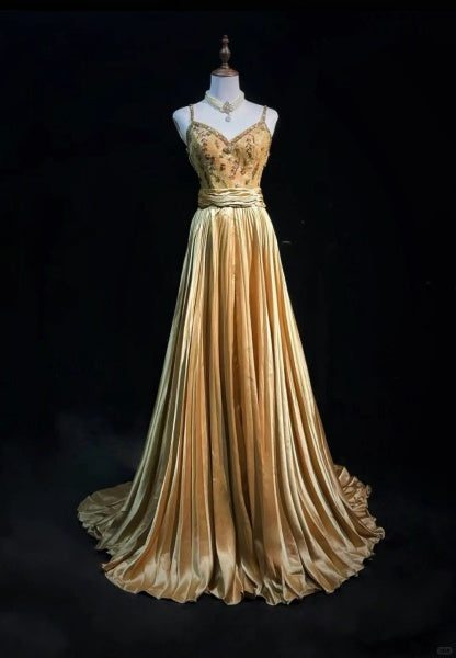 Chic Spaghetti Straps Glod A-line Prom Dress Satin Beaded  Evening Dress MD100