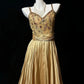 Chic Spaghetti Straps Glod A-line Prom Dress Satin Beaded  Evening Dress MD100