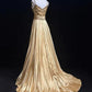 Chic Spaghetti Straps Glod A-line Prom Dress Satin Beaded  Evening Dress MD100