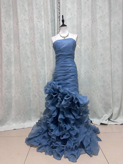 Elegant Strapless Blue Sheath Prom Dress Organza Backless Ruffled Evening Dress MD102
