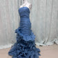 Elegant Strapless Blue Sheath Prom Dress Organza Backless Ruffled Evening Dress MD102