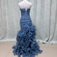 Elegant Strapless Blue Sheath Prom Dress Organza Backless Ruffled Evening Dress MD102