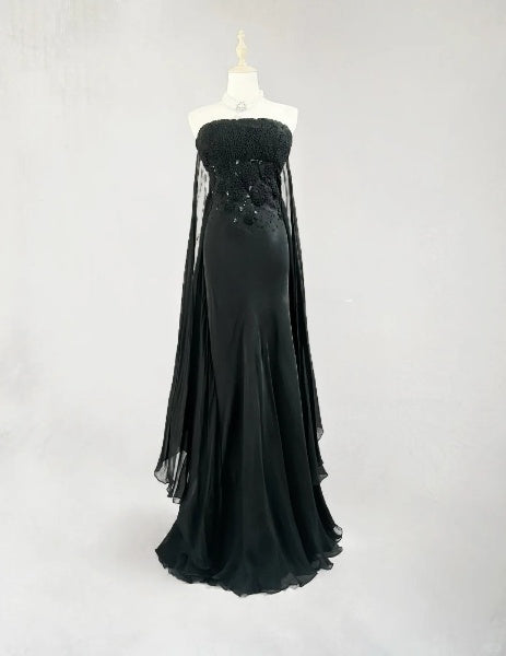 Elegant Strapless Black Sheath Prom Dress 3D floral appliqué Backless Evening Dress MD103
