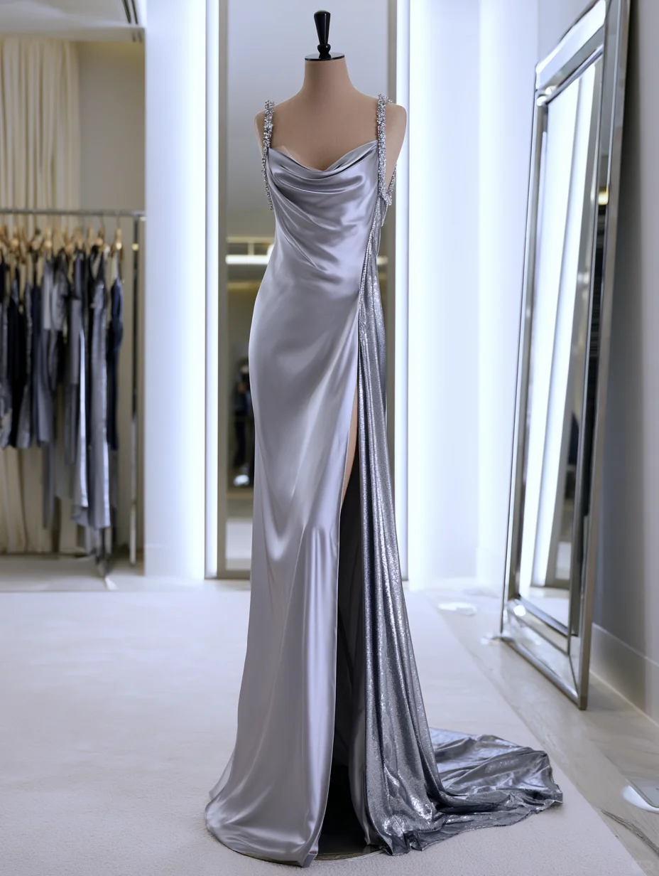 Elegant Spaghetti Straps Silver Mermaid Prom Dress High Slit Evening Dress MD104