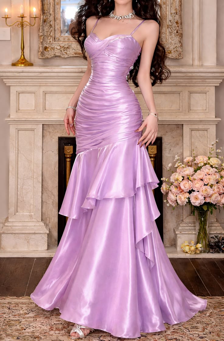 Elegant Spaghetti Straps Pink Mermaid Prom Dress Satin Evening Dress MD105
