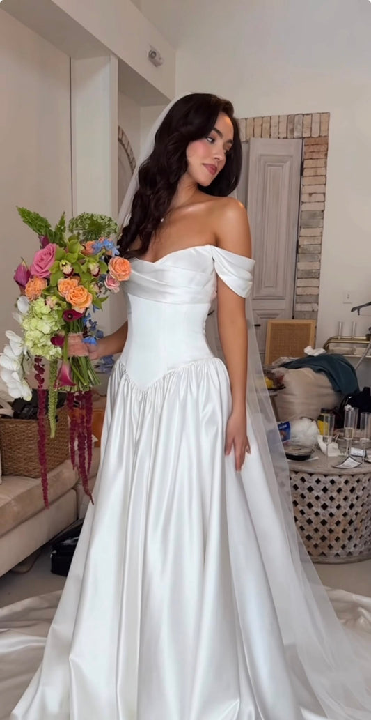 Elegant Off-the-Shoulder White A-line Prom Dress Satin Wedding Dress MD107