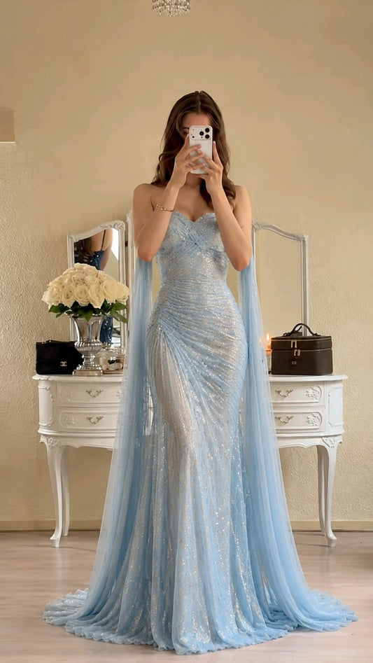 Elegant Sweetheart Blue Mermaid Prom Dress Tulle Ruffled Evening Dress MD115
