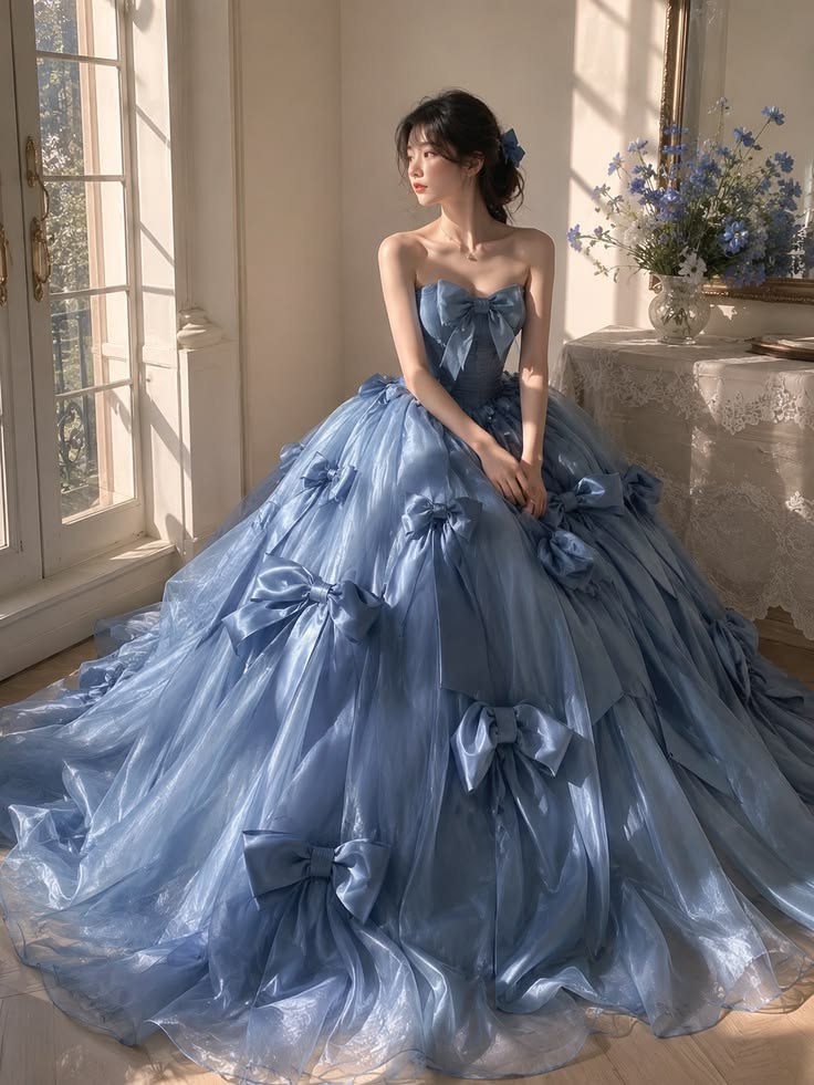 Etheareal Strapless Blue Ball Gown Prom Dress Tulle Evening Dress MD116
