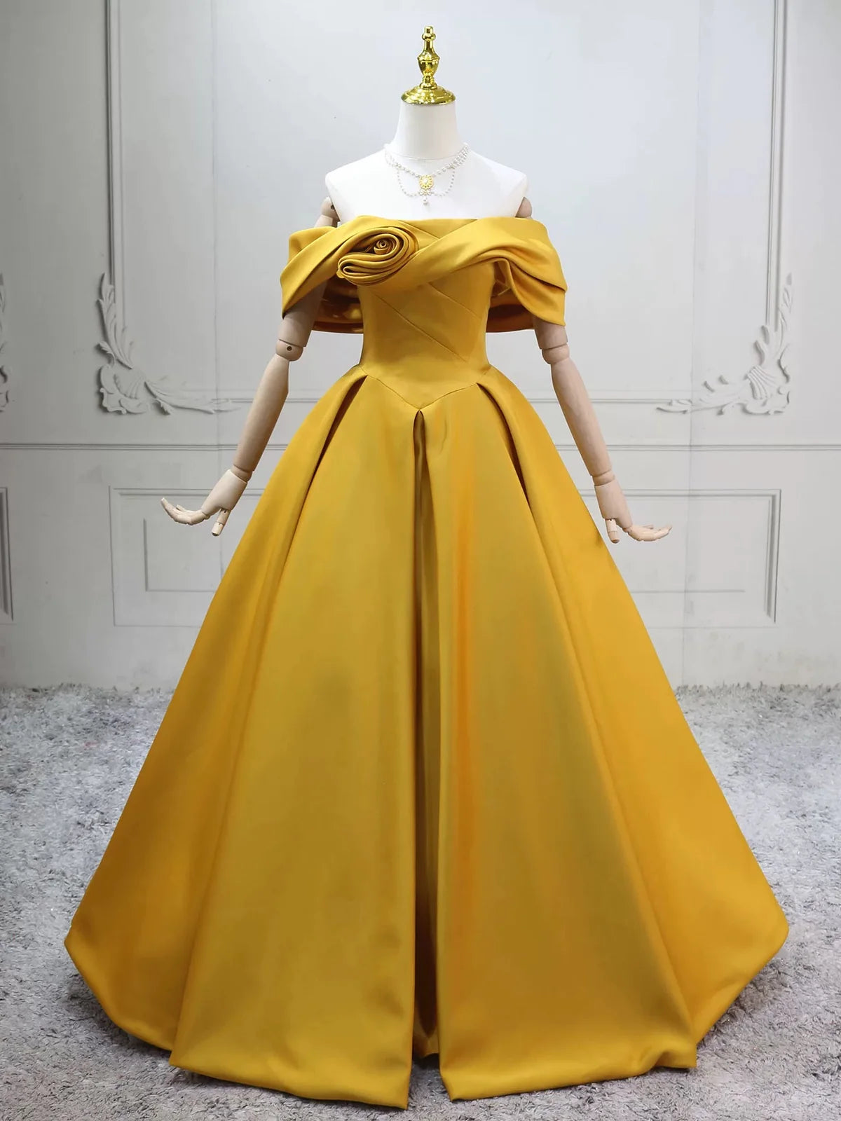 A-Line Off Shoulder Satin Yellow Long Prom Dress, Yellow Long Evening Dress MD117