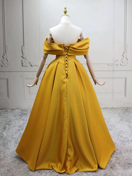 A-Line Off Shoulder Satin Yellow Long Prom Dress, Yellow Long Evening Dress MD117
