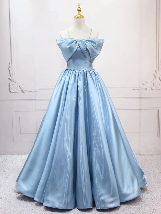 A-Line Satin Blue Long Prom Dress, Blue Long Evening Dress MD118