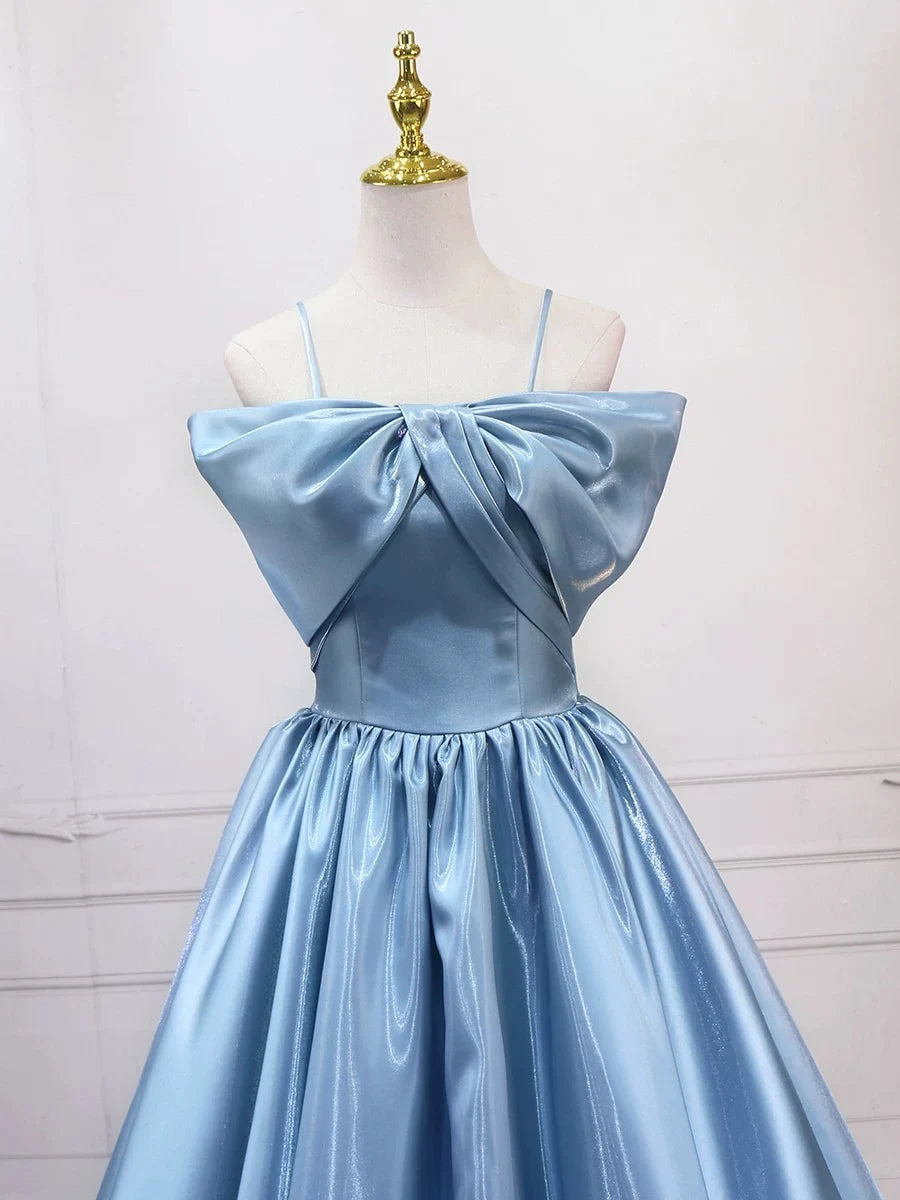 A-Line Satin Blue Long Prom Dress, Blue Long Evening Dress MD118