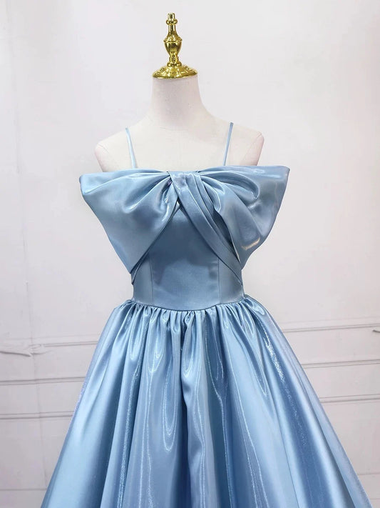 A-Line Satin Blue Long Prom Dress, Blue Long Evening Dress MD118
