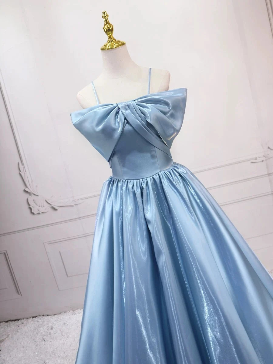 A-Line Satin Blue Long Prom Dress, Blue Long Evening Dress MD118
