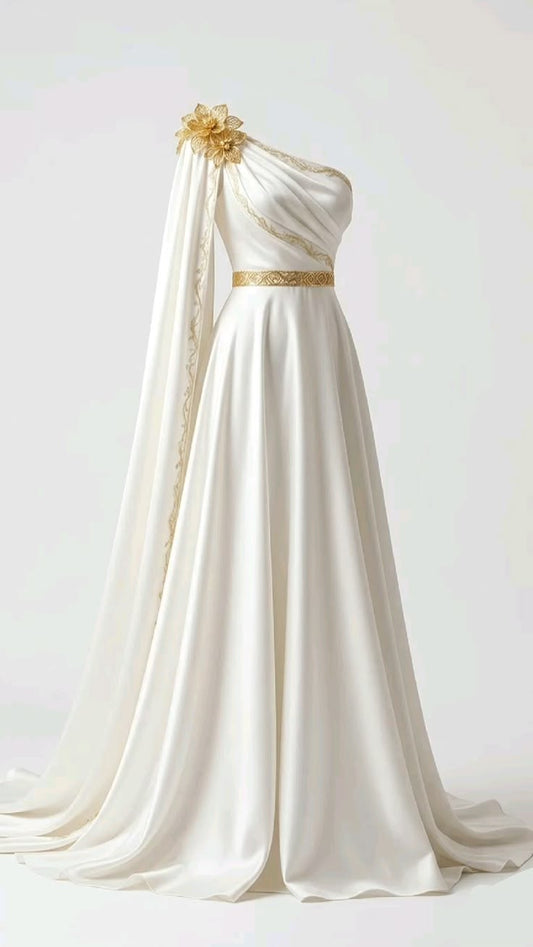 Elegant One-the-Shoulder White A-line Prom Dress Chiffon Evening Dress MD119