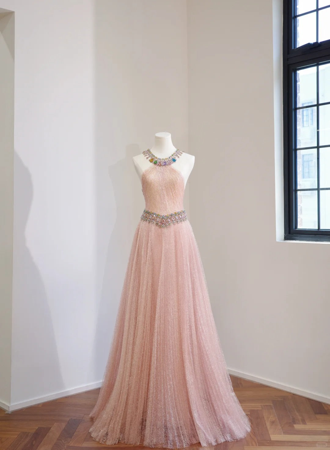 Etheareal Halter Neck Pink A-line Prom Dress Beaded Tulle Evening Dress MD123