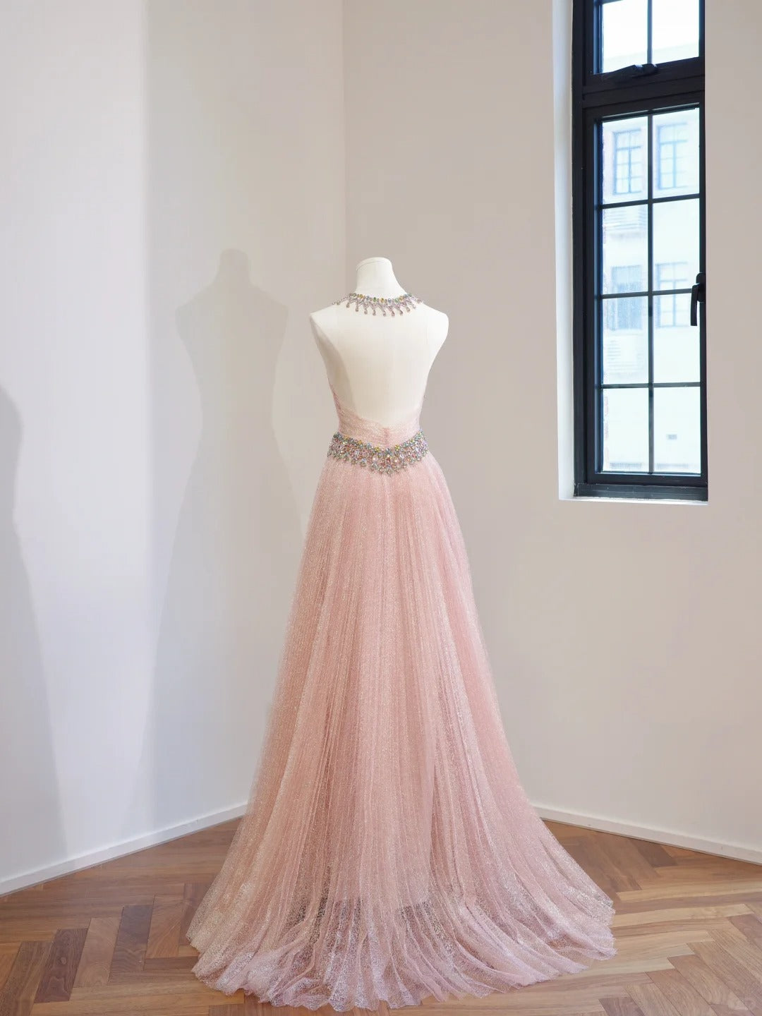 Etheareal Halter Neck Pink A-line Prom Dress Beaded Tulle Evening Dress MD123