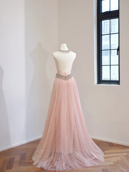 Etheareal Halter Neck Pink A-line Prom Dress Beaded Tulle Evening Dress MD123