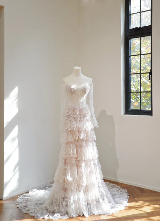 Ethereal A-Line Sweetheart Neck Lace White Long Wedding Dress, Sequin Prom Dress MD124