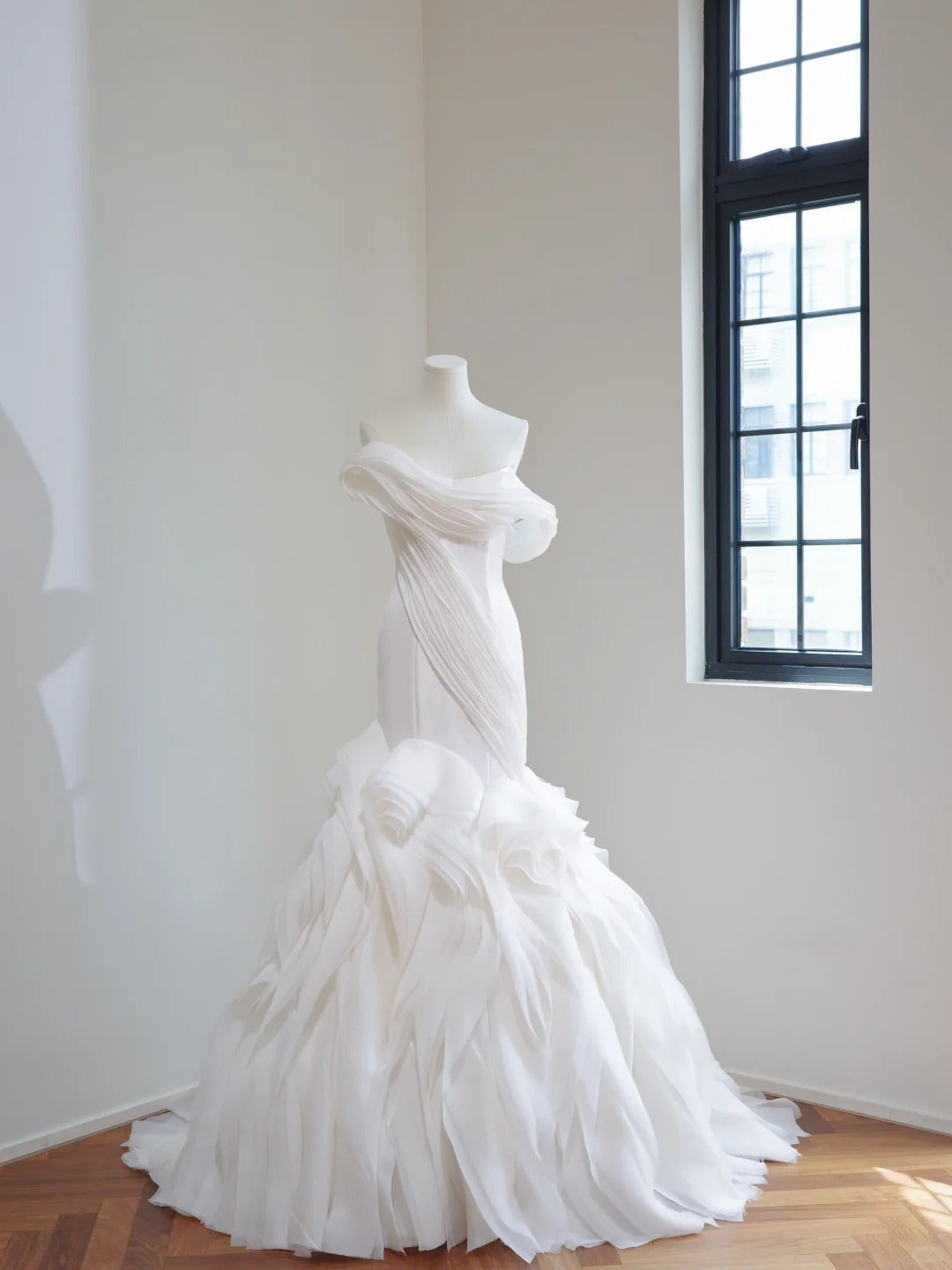 Ethereal Sheath Off-the-Shoulder Tulle White Long Wedding Dress, Pleated Prom Dress MD126