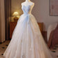 A-Line Sweetheart Neck Tulle Champagne Long Prom Dress, Champagne Formal Dress MD129