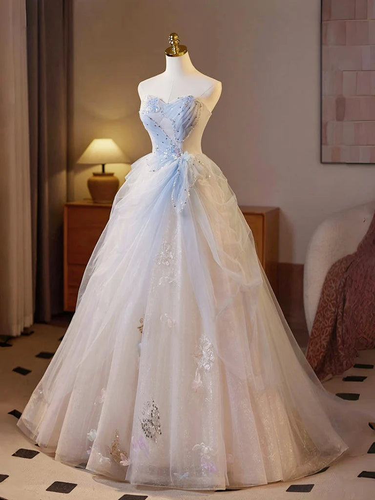 A-Line Sweetheart Neck Tulle Champagne Long Prom Dress, Champagne Formal Dress MD129