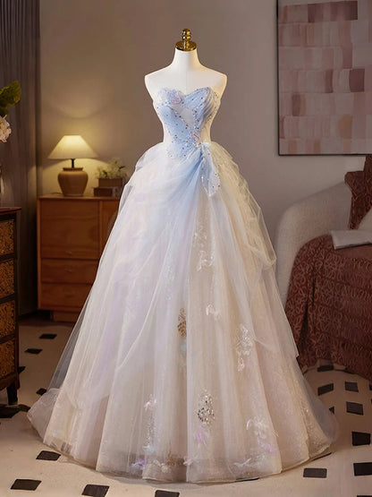 A-Line Sweetheart Neck Tulle Champagne Long Prom Dress, Champagne Formal Dress MD129