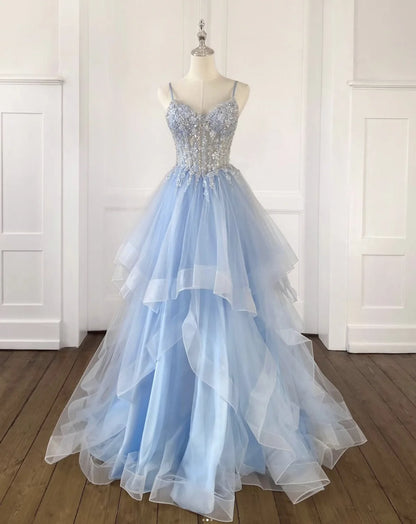 A-Line V Neck Tulle Sequin Blue Long Prom Dress, Blue Long Evening Dress MD130