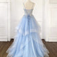 A-Line V Neck Tulle Sequin Blue Long Prom Dress, Blue Long Evening Dress MD130