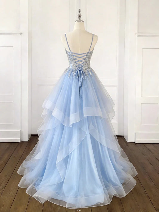 A-Line V Neck Tulle Sequin Blue Long Prom Dress, Blue Long Evening Dress MD130