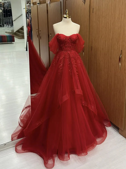 A-Line Sweetheart Neck Off Shoulder Tulle Lace Burgundy Long Prom Dress MD131