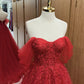 A-Line Sweetheart Neck Off Shoulder Tulle Lace Burgundy Long Prom Dress MD131