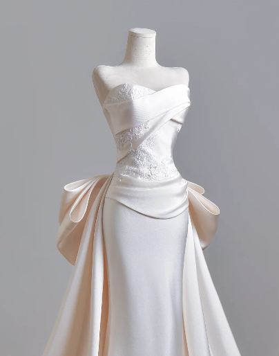 Ethereal Sheath White Long Wedding Dress Sweetheart Satin Prom Dress MD132