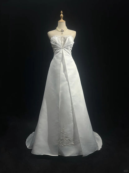 Elegant A-Line White Long Wedding Dress Off-the-Shoulder Satin Beaded Prom Dress MD133