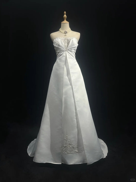 Elegant A-Line White Long Wedding Dress Off-the-Shoulder Satin Beaded Prom Dress MD133