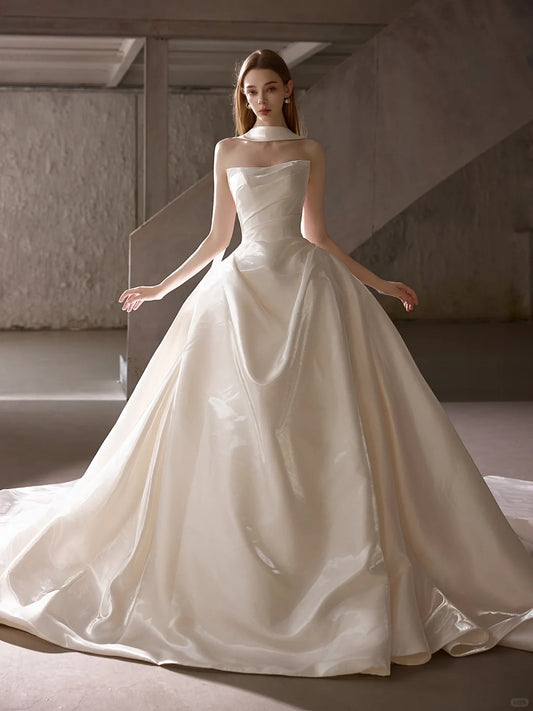 Elegant Ball Gown White Long Wedding Dress Off-the-Shoulder Satin Prom Dress MD135