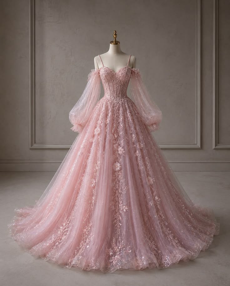 Elegant Ball Gown Pink Long Evening Dress Spaghetti Straps Lace  Prom Dress MD143