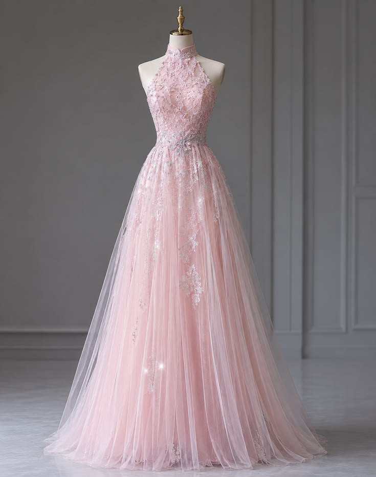 Elegant A-line Pink Long Evening Dress Halter Neck Lace  Prom Dress MD144