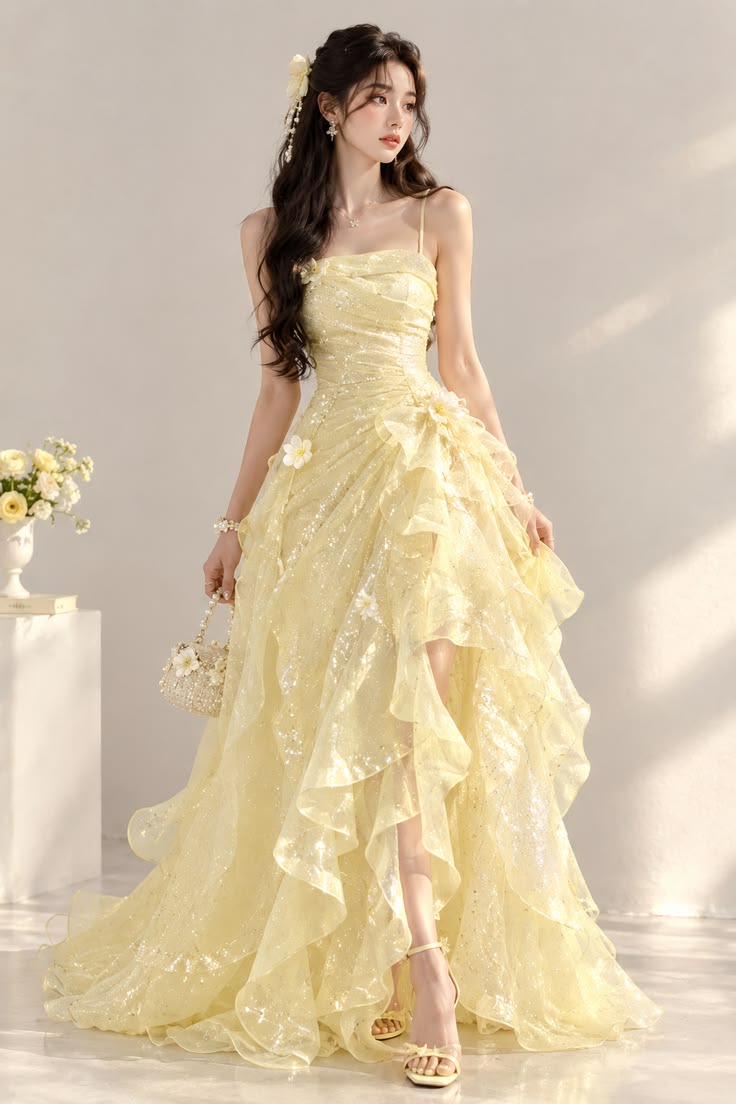 Elegantes gelbes A-Linien-Abendkleid mit hohem Schlitz und Spaghettiträgern, Abschlussballkleid MD145