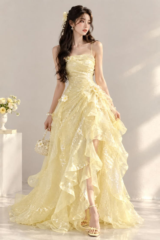 Elegant A-Line Yellow High Slit Long Evening Dress Spaghetti Straps Prom Dress MD145