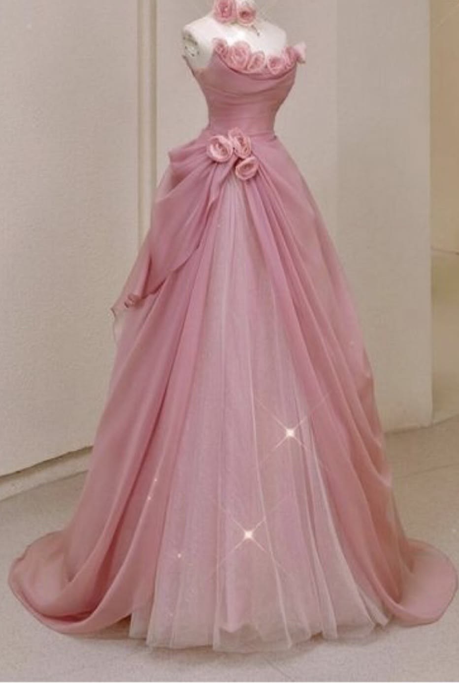 Elegant A-line Pink 3D Floral Applique Long Evening Dress Off-the-Shoulder Tulle Prom Dress MD146