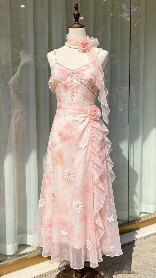 Elegant Sheath Pink 3D Floral Applique Long Evening Dress Spaghetti Straps Tulle Prom Dress MD147