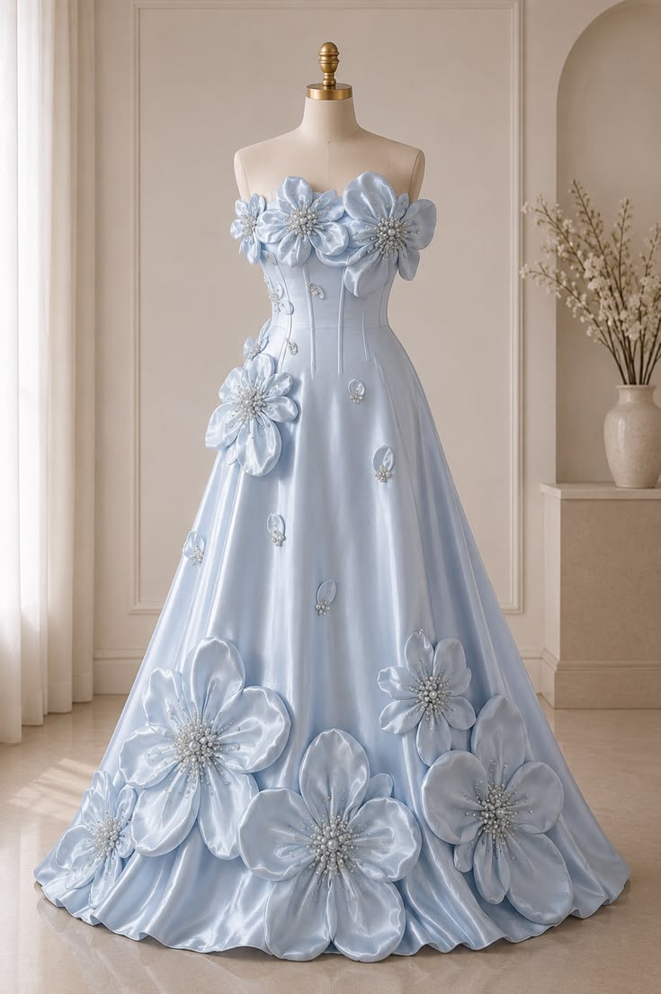 Elegant A-Line Blue 3D Floral Applique Long Evening Dress Off-the-Shoulder Satin Prom Dress MD148
