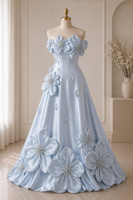 Elegant A-Line Blue 3D Floral Applique Long Evening Dress Off-the-Shoulder Satin Prom Dress MD148