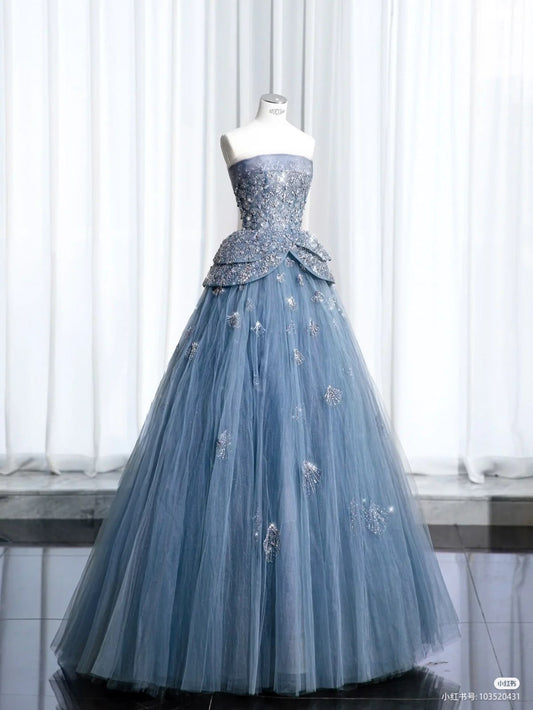 Elegant A-Line Blue Long Evening Dress Off-the-Shoulder Tulle Beaded Prom Dress MD149