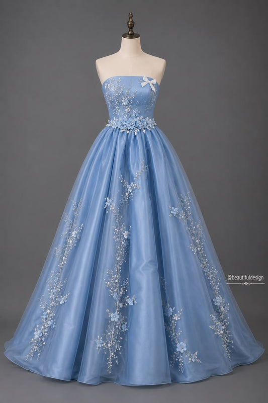 Elegant A-Line Blue 3D Floral Applique Long Evening Dress Off-the-Shoulder Tulle Prom Dress MD150
