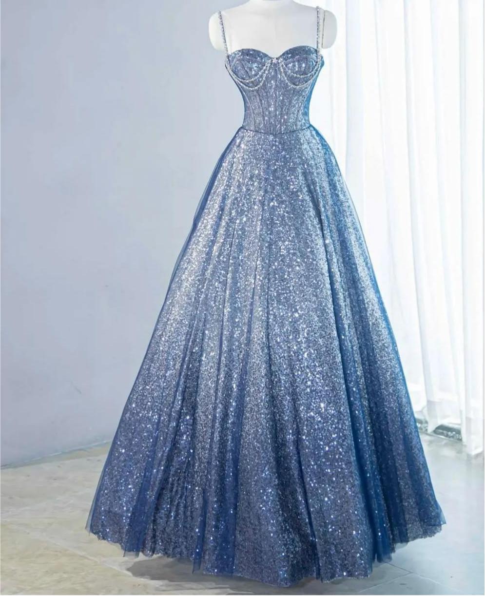 Elegant A-Line Blue Long Evening Dress Spaghetti Straps Sequin Tulle Prom Dress MD151